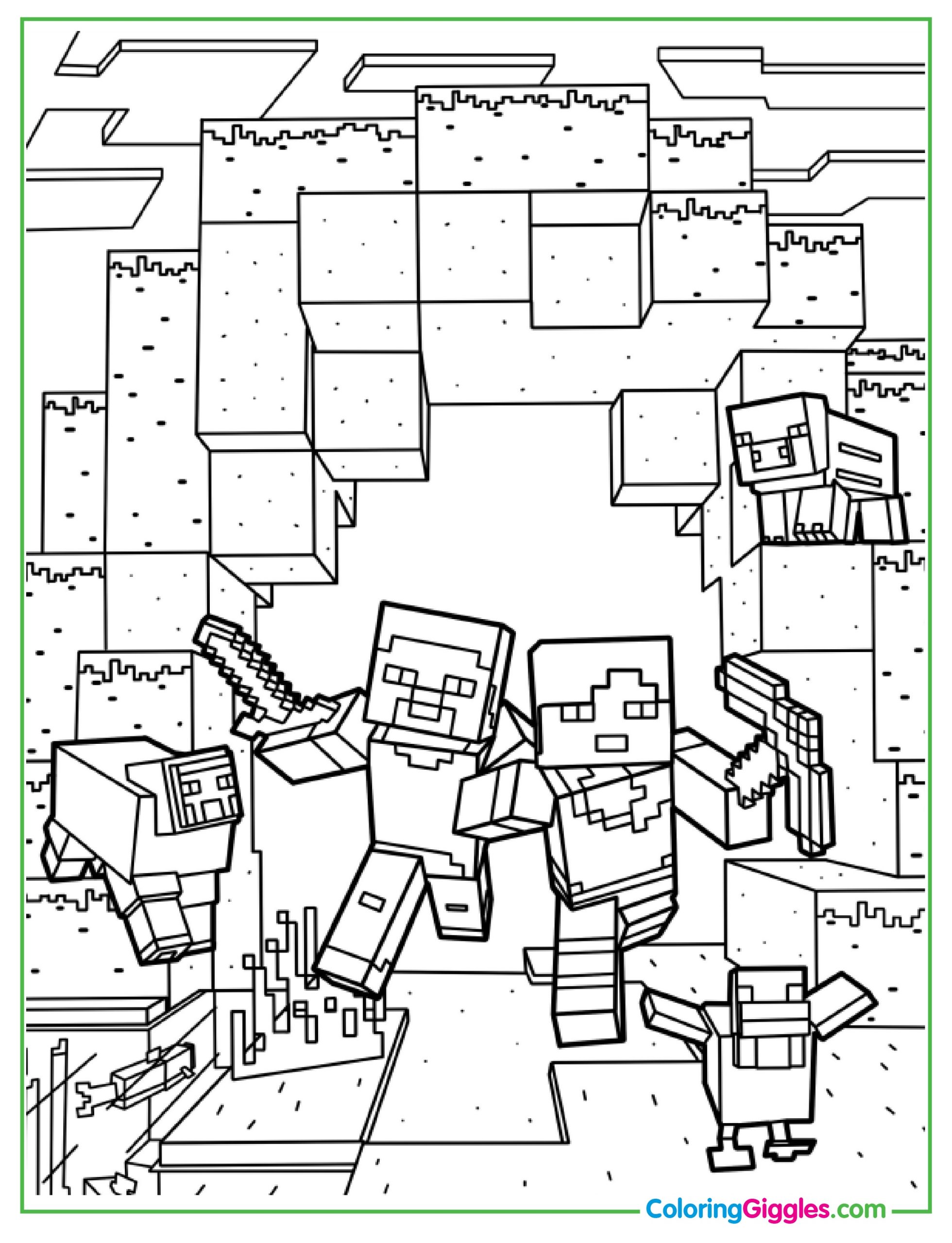 Alex And Steve Surrounded By Minecraft Blocks Coloring