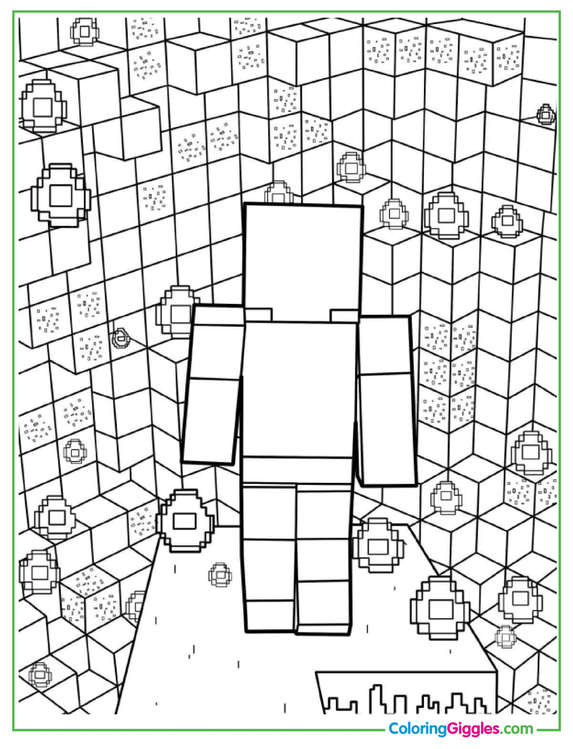 Minecraft Steve In Cave Of Diamonds Coloring Sheet