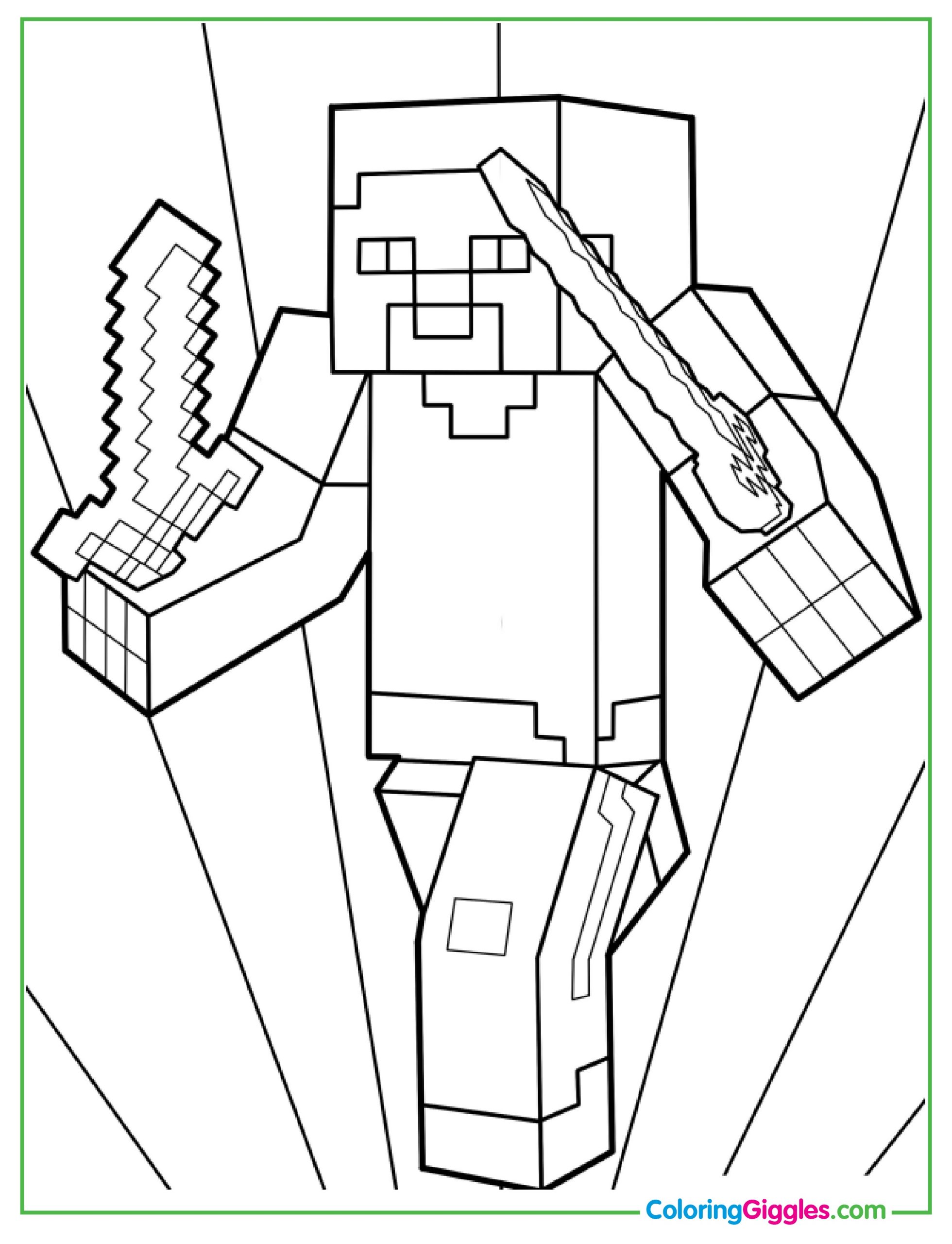 Minecraft Steve Holding Swords Coloring Sheet