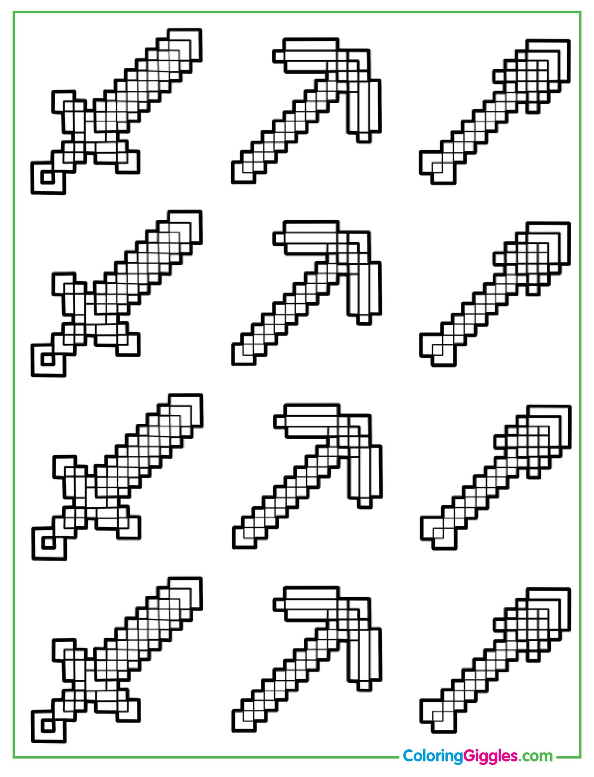 Minecraft Pickaxe, Sword, And Shovel Coloring Page