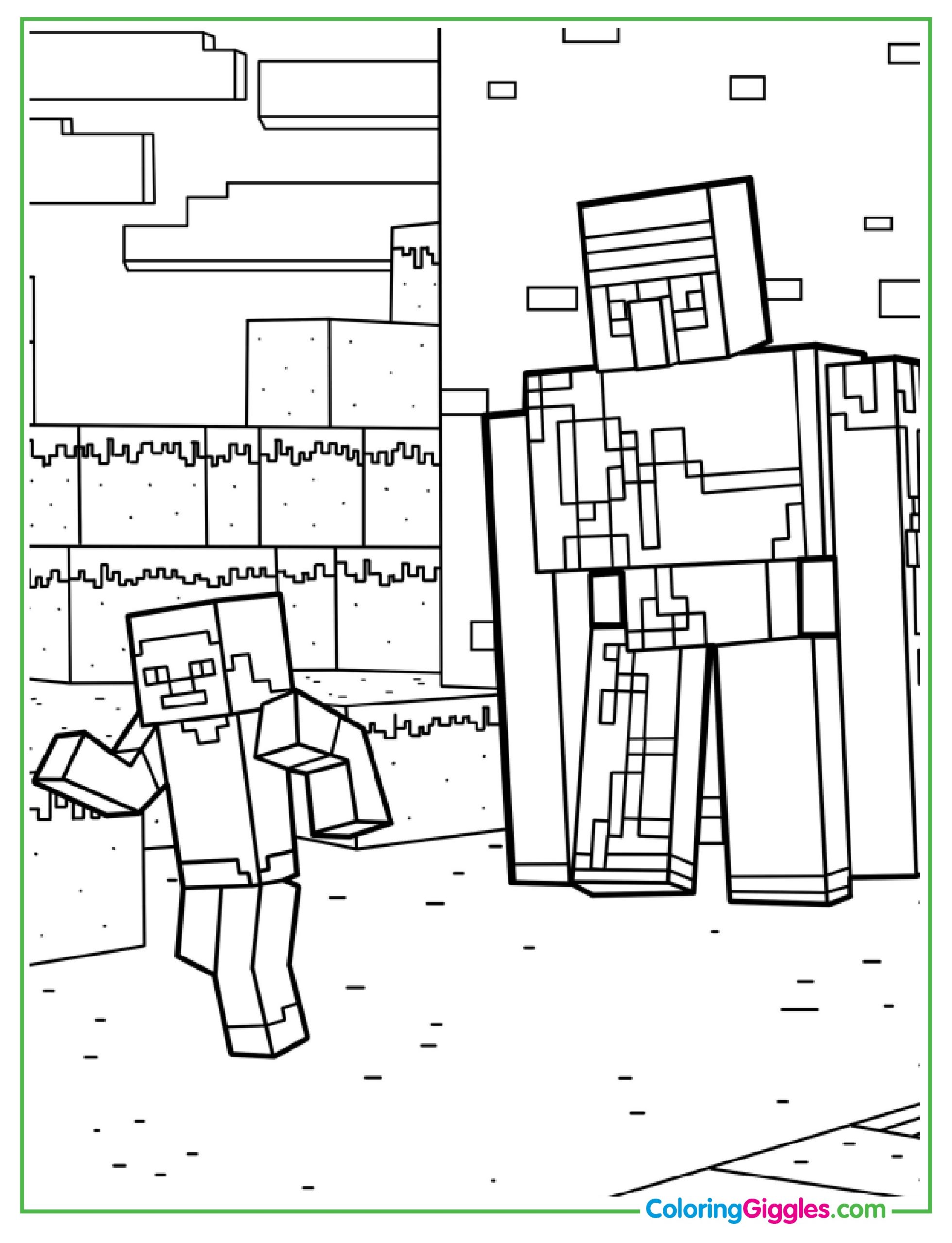 Iron Golem And Minecraft Steve Coloring Page