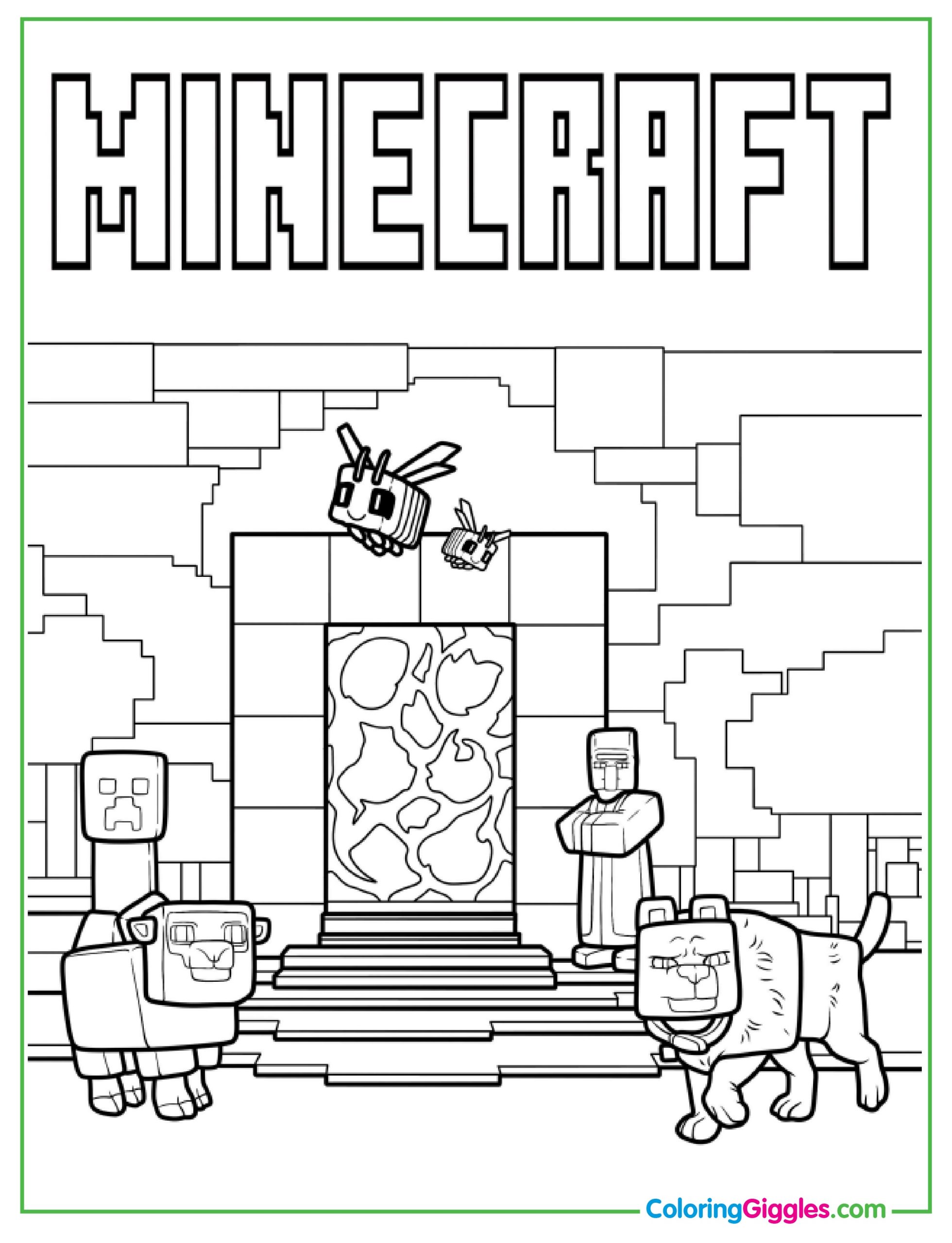 Detailed Minecraft Movie Bees, Sheep, Iron Golem, and Portal Coloring Page