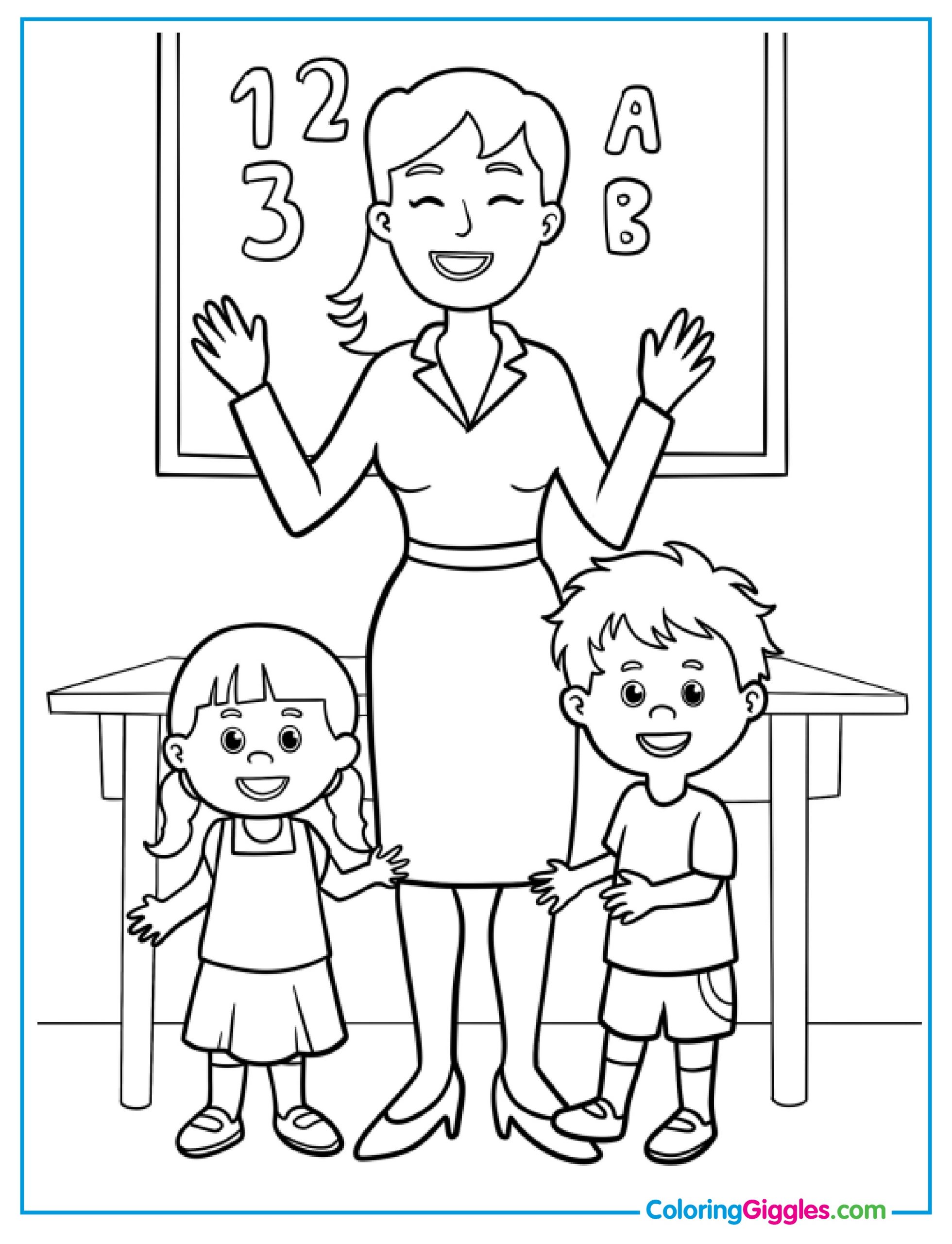 Cheerful Teacher With Two Preschoolers Coloring Sheet