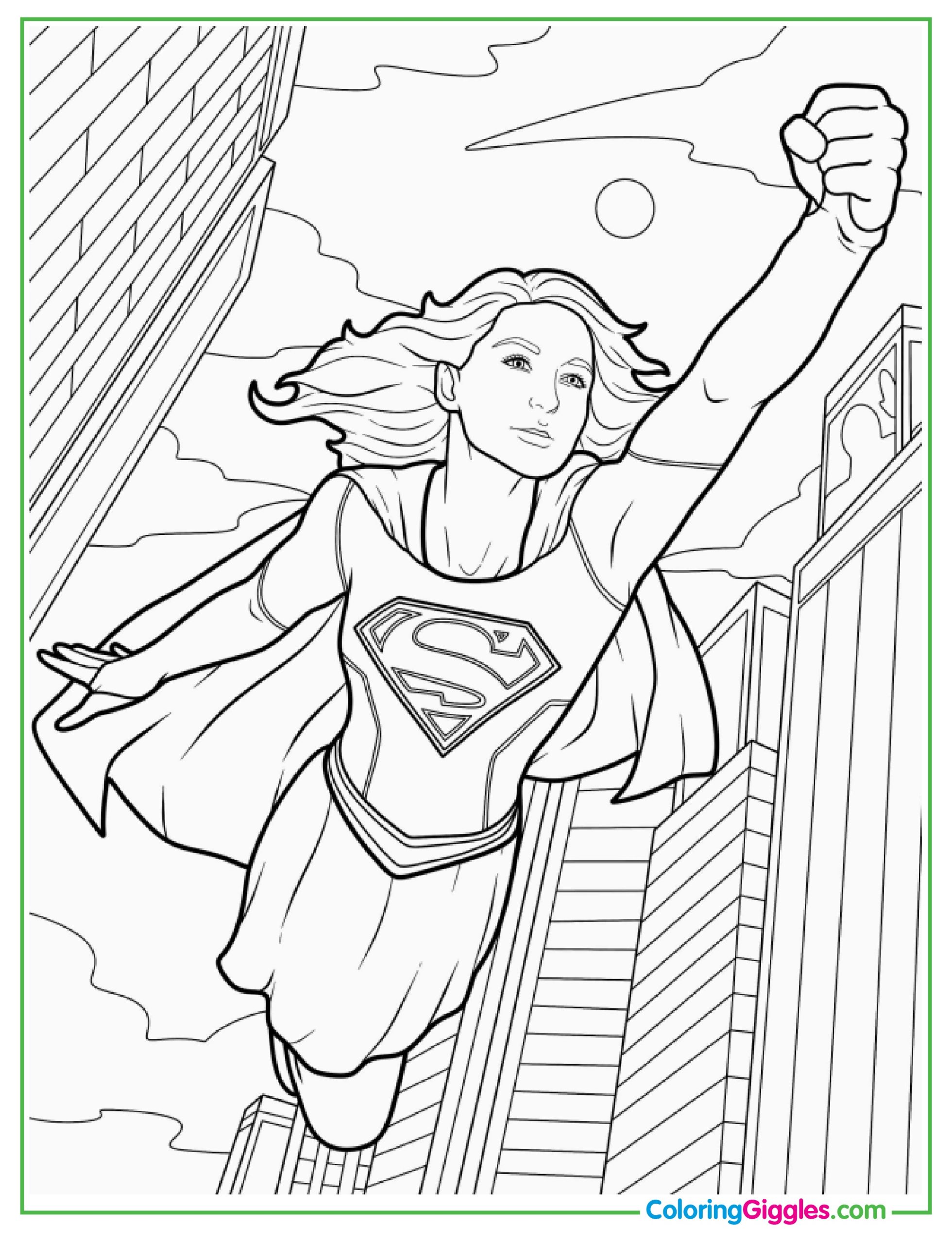 Coloring Page Of Supergirl Flying In The City