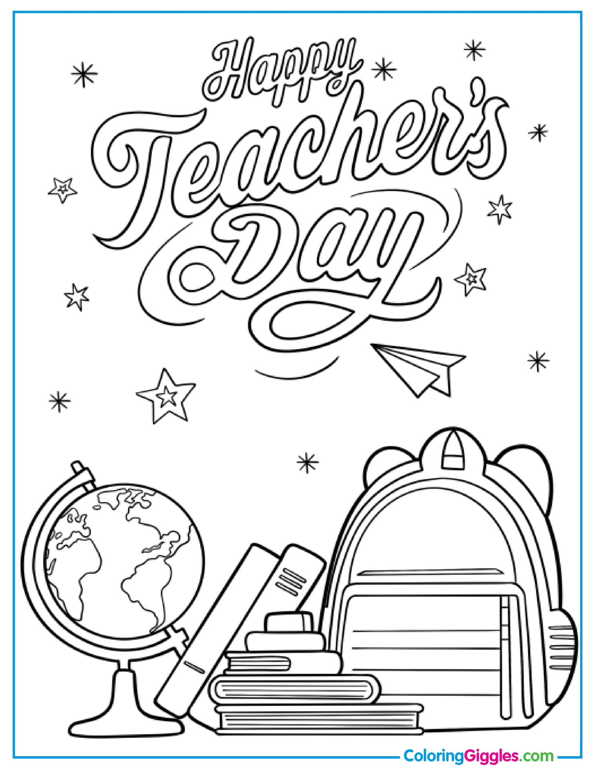 Happy Teacher’s Day Words With School Materials Coloring Page