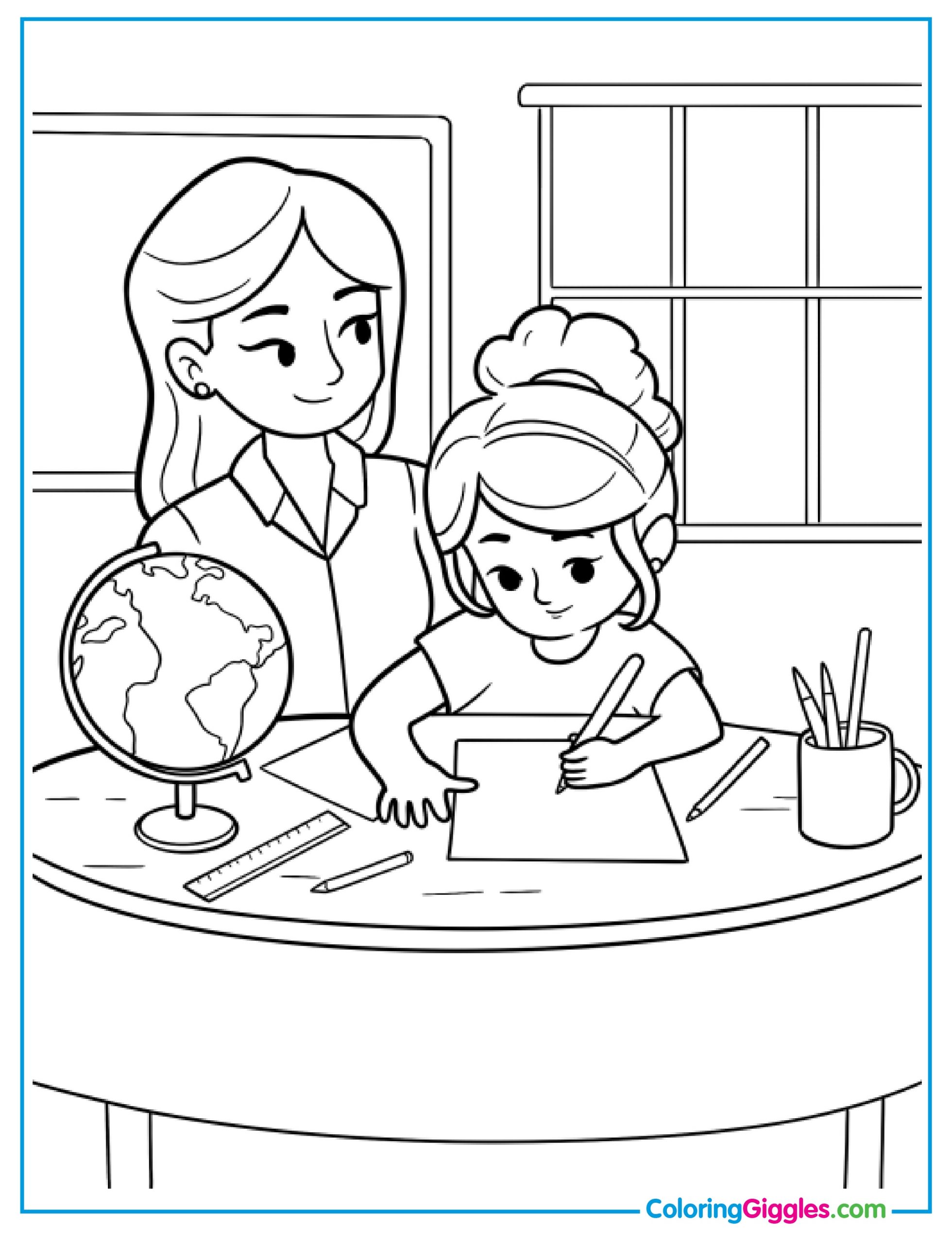 Kind Teacher Watching Over A Student Doing Her Homework Coloring Sheet