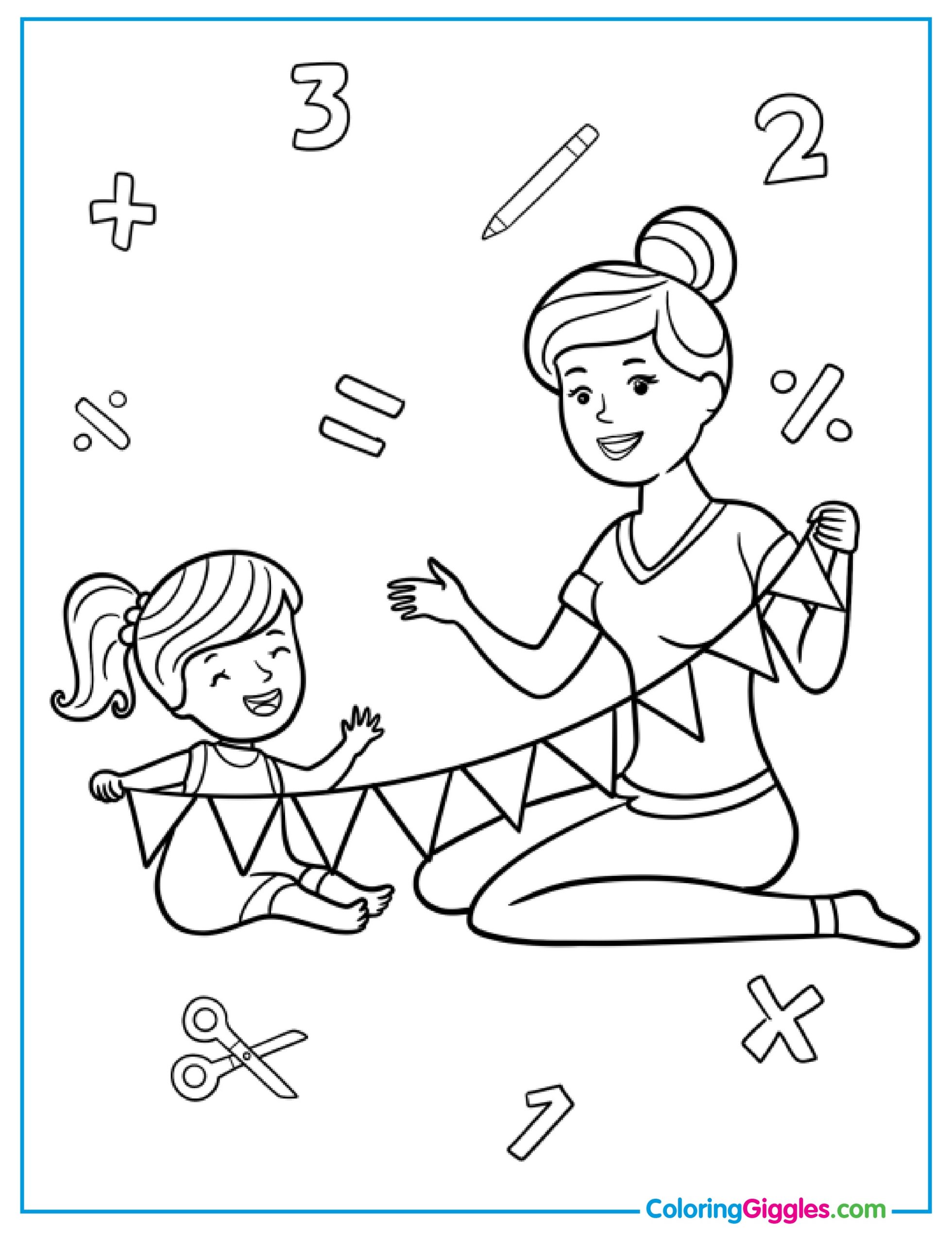 Kindergarten Teacher Making A Banner With A Student Coloring Page
