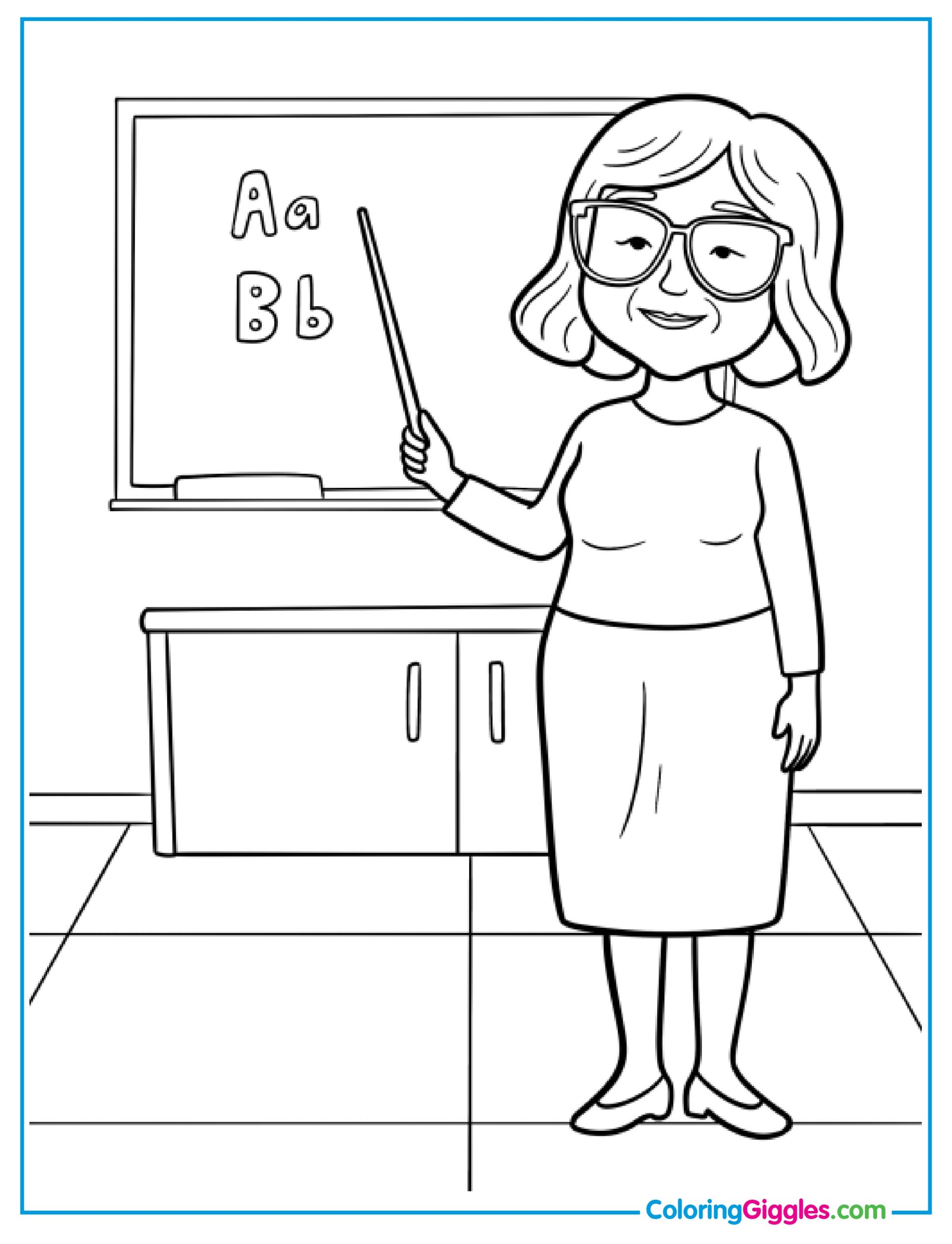 Old Teacher Pointing To The Alphabet On The Chalkboard Coloring Sheet