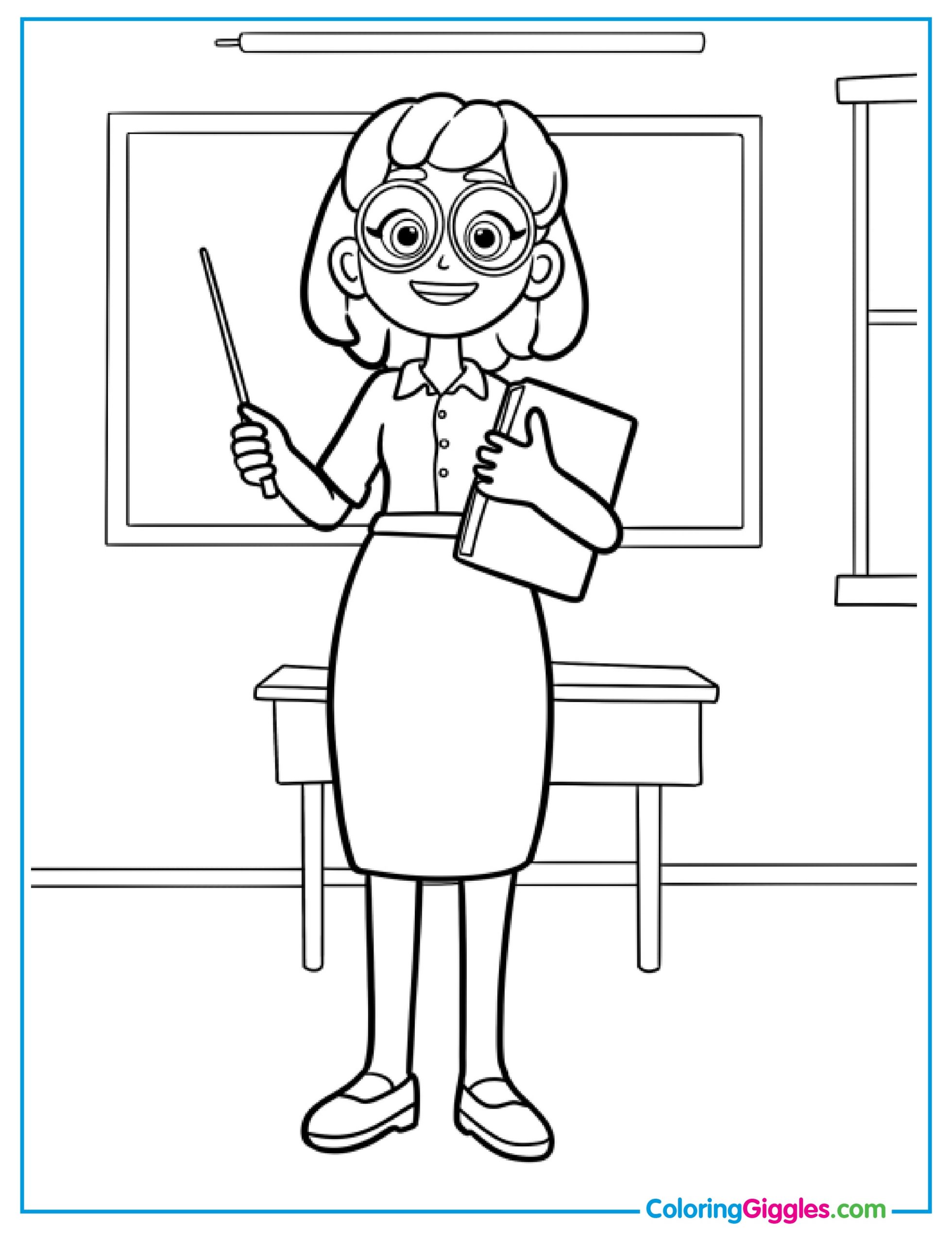 Teacher In A Skirt And Glasses In A Classroom Coloring Page