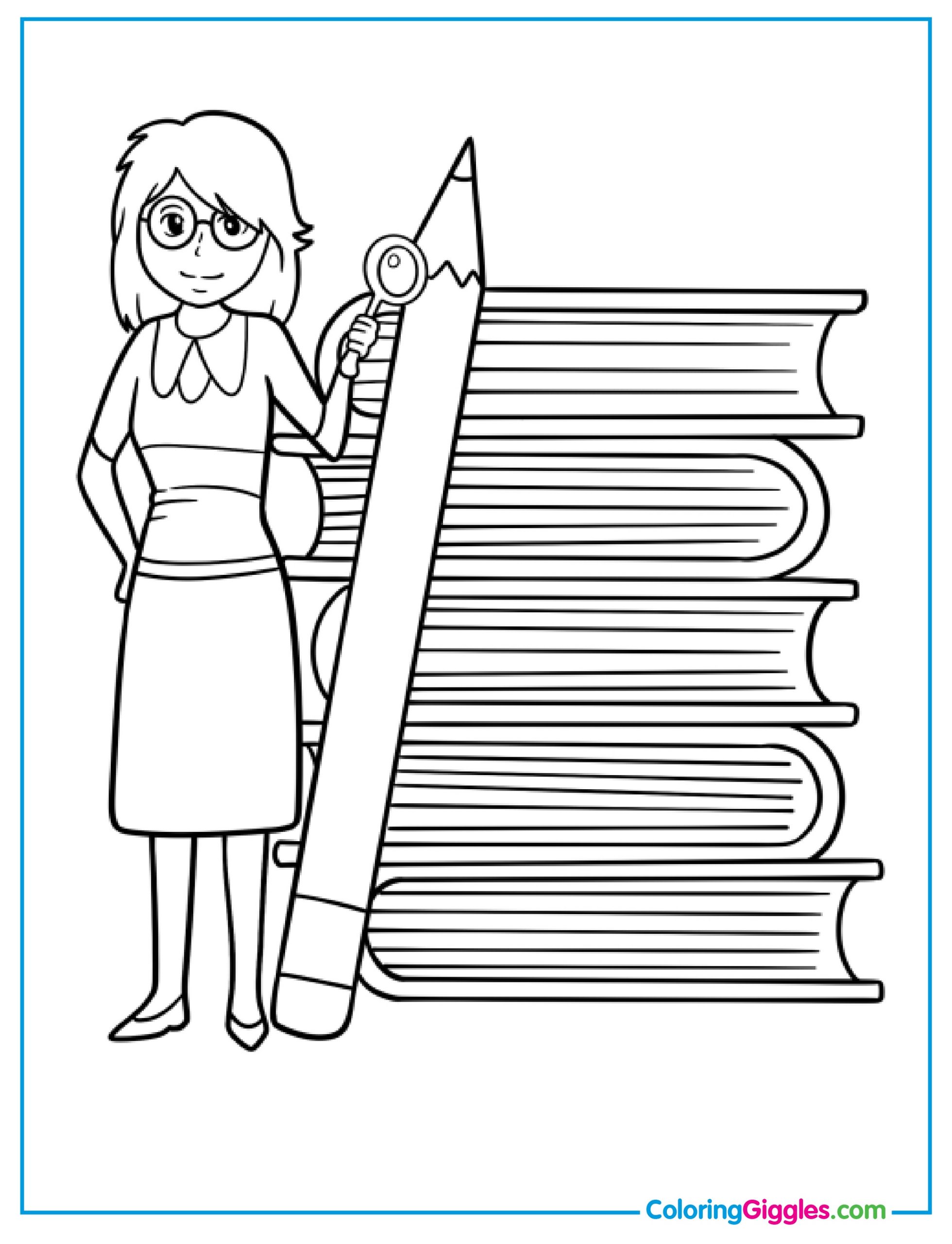 Teacher With A Magnifying Glass Beside A Stack Of Massive Books