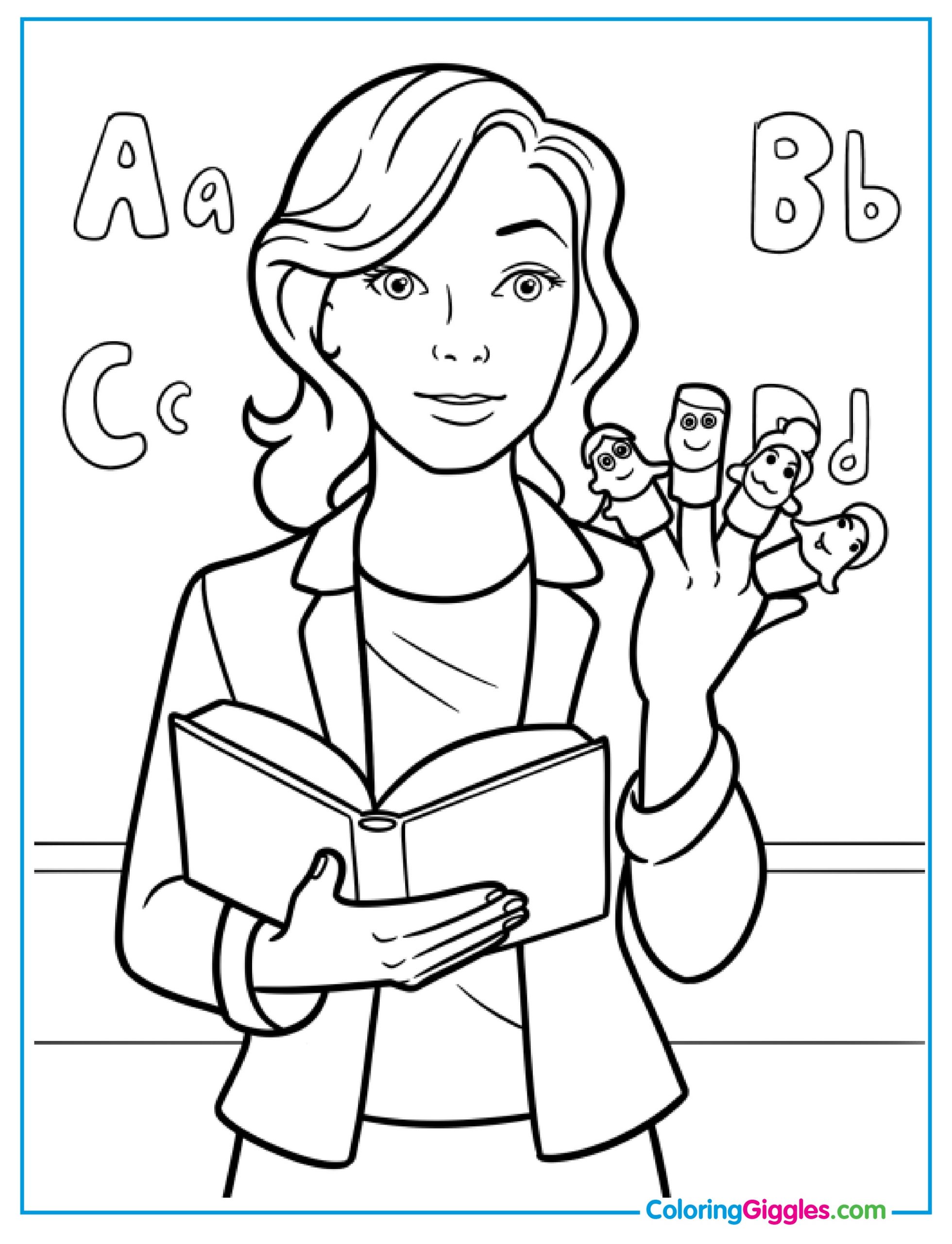 Teacher With Finger Puppets Coloring Sheet