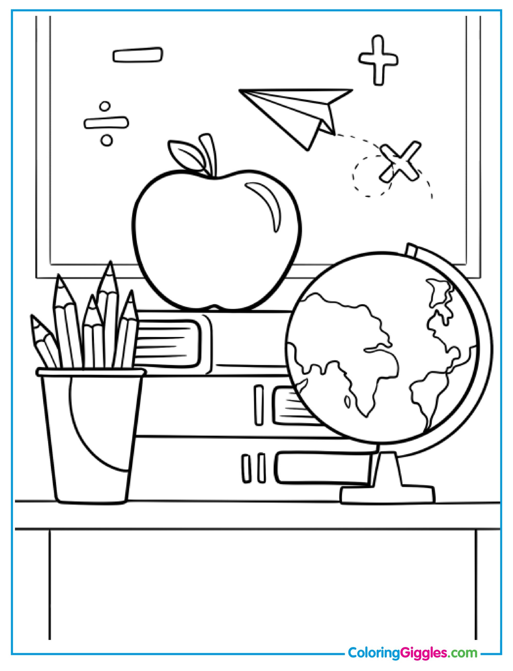 Teacher’s Desk With Globe, Apple, And Pencils Coloring Sheet